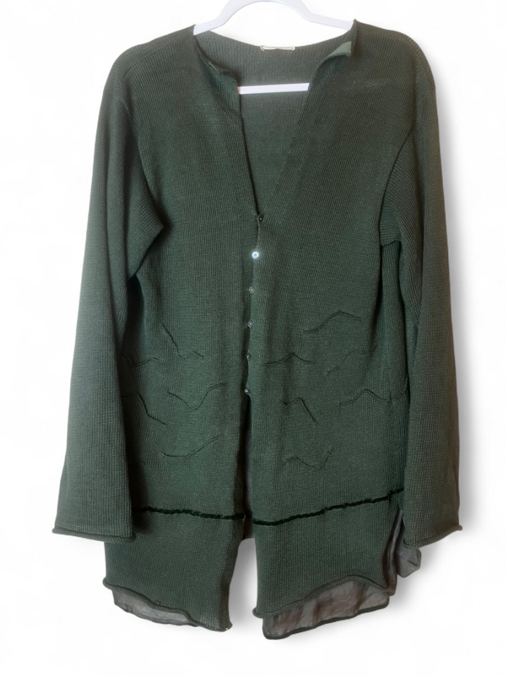 KRISTA LARSON Lagenlook Fine Knit Green Button Down Sweater with a Layered Hem